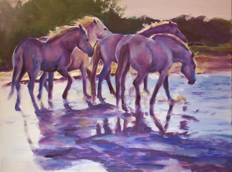  Camargue - Backlit in the Shallows,
18x24", oil on masonite,  by equine artist Karen Brenner    