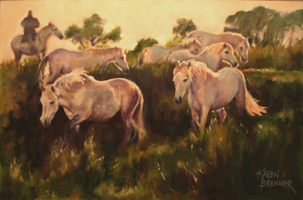 amargue - Down the Grassy Slope, 36x24", oil on masonite,
 by equine artist Karen Brenner   
