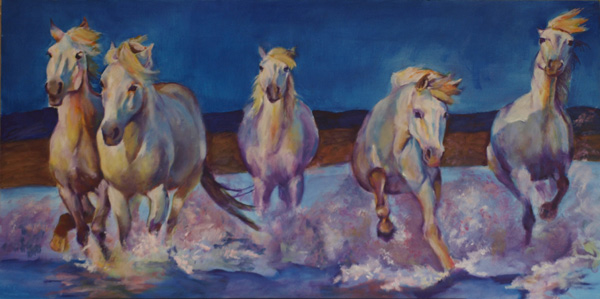  Camargue - Five Galloping in the Sea,
36x18", oil on masonite,  by equine artist Karen Brenner   