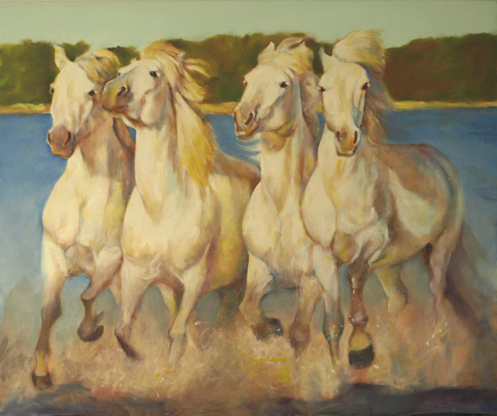  Camargue - Four Splashing in the Sea,
36 x 29.75", oil on masonite,  by equine artist Karen Brenner 