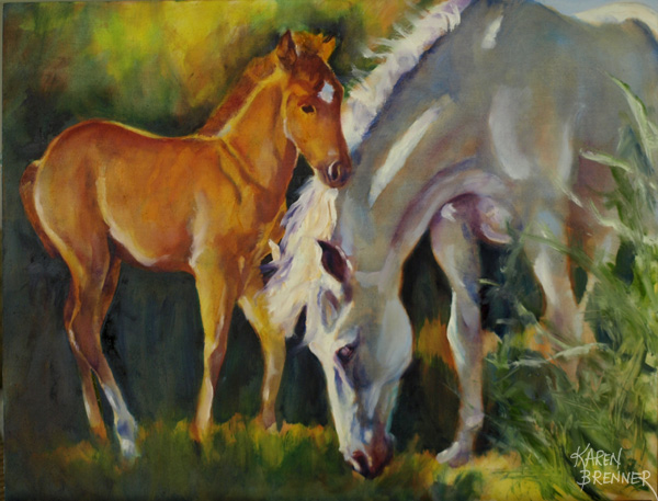 Camargue - Mares and Foals - The Hug, 
 24×18″, oil on masonite, by equine artist Karen Brenner 