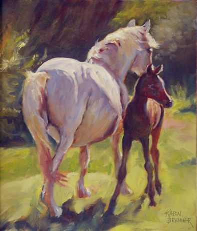  Camargue - Mares and Foals - Alert
 14×12″, oil on masonite, by equine artist Karen Brenner  