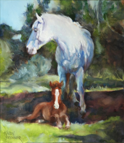 Camargue - Mares and Foals - Light and Shade
 14×18″, oil on masonite, by equine artist Karen Brenner 