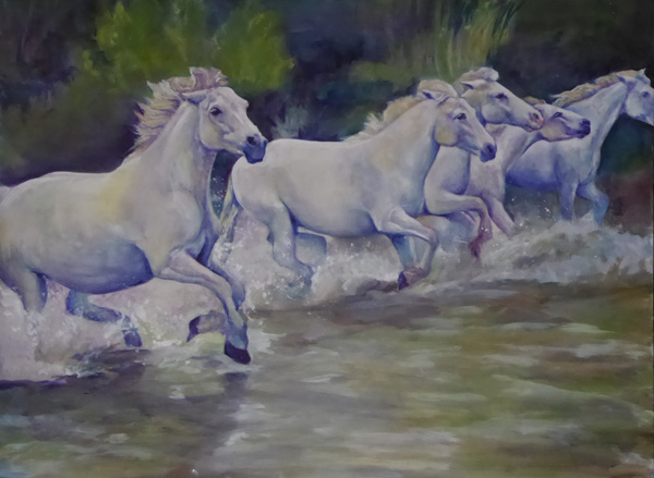  Moody Mares - Camargue ,
30x40", oil on masonite,  by equine artist Karen Brenner 