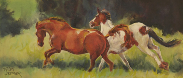 Horse Ballet - Denali and Stiletto, 14x32,  oil on masonite, Karen Brenner 