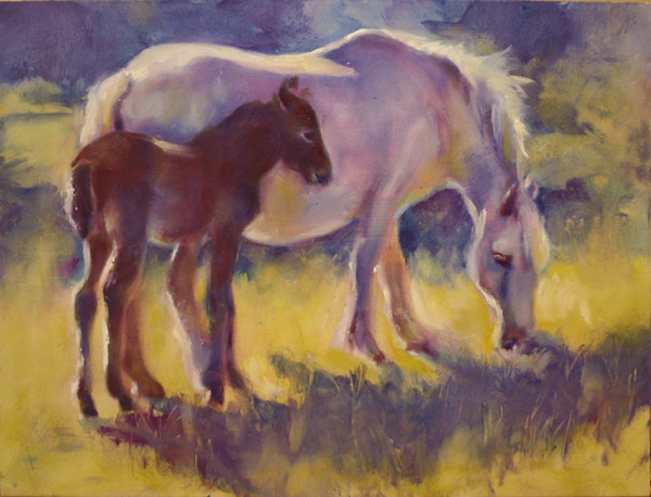  Camargue - Mares and Foals - Close by Mom
 16x12″, oil on masonite, by equine artist Karen Brenner  