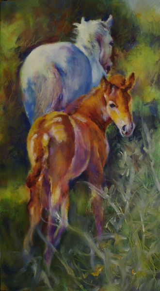  Camargue - Mares and Foals - Looking Back
 10×18″, oil on masonite, by equine artist Karen Brenner 