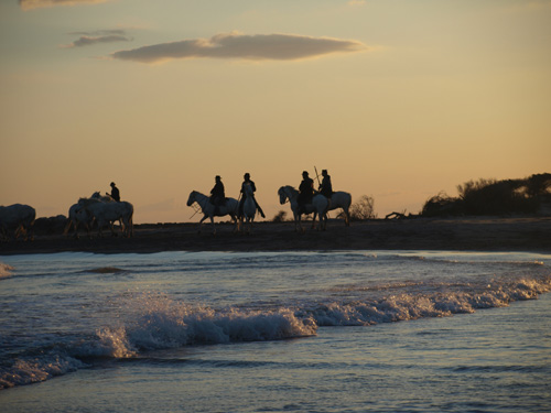 The sun is about to set as the guardians keep watch over the horses on the shore of the Mediterranean Sea.