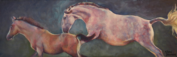Horse Ballet - Rancho del Lago - Espinilla PLC and Filly, 12x38", oil painting by Karen Brenner