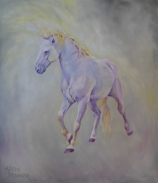 Horse Ballet - Snow White, 30x34", oil on masonite, by equine artist Karen Brenner