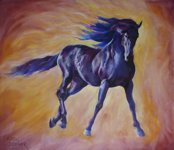 Horse Ballet - Kairo Joy, 38x32", oil on masonite, Karen Brenner featuring a beautiful black Andalusian stallion