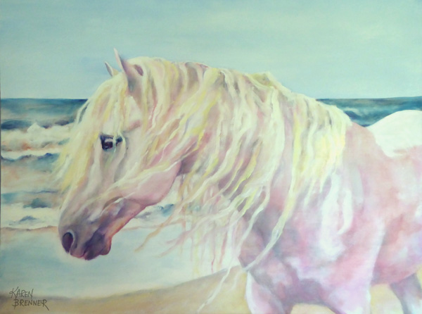 Camargue Pink Stallion, oil painting on masonite by equine artist Karen Brenner.