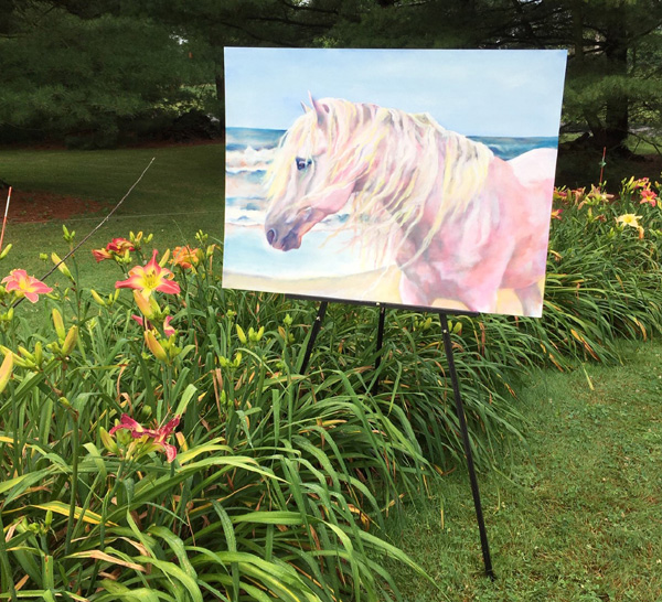 Camargue Pink Stallion photographed in the garden with daylily seedlings hybridized by the artist.
