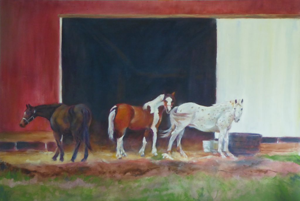 In the Barnyard, 40x28", oil on masonite, by Karen Brenner